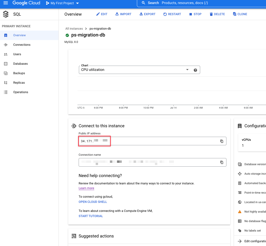 The GCP Cloud SQL console with the IP address highlighted. {priority}
